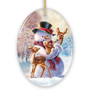 Charming Delicate Snowman and Fawns Christmas Ornament, Winter Deer Love Scene| OrnamentallyYou - 1 of 4