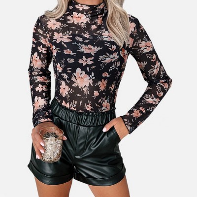 Amaryllis Women's Floral Mesh Long Sleeve Mock Neck Top Sheer Lightweight Layering Blouse for Chic