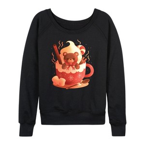 Women's - Instant Message - Holiday Bear Cocoa Mug Lightweight French Terry Wide Neck Long Sleeve Shirt - 1 of 4