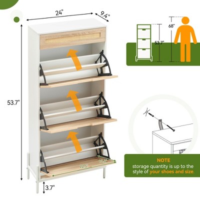 GustoWave 3 Flip Drawers Shoe Storage Cabinet with 1 Drawer, Rattan Shoe Organizer with Metal Legs, Hidden Shoe Rack Storage Cabinet for Hallway