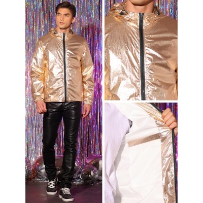 Lars Amadeus Men's Drawstring Hooded Zipper Party Club Metallic Windbreaker Golden XX Large — фото 4