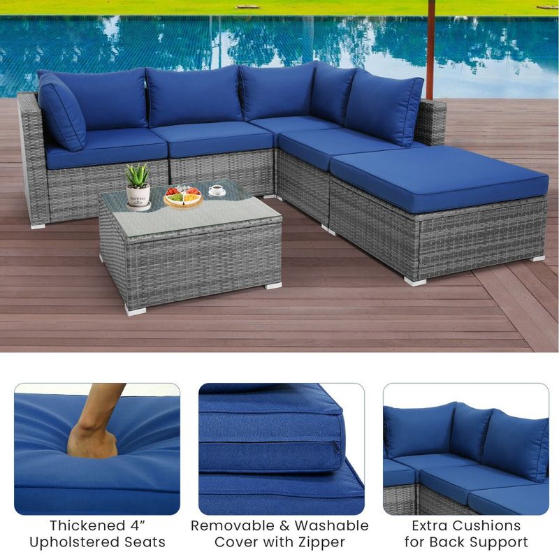 Tangkula 6PCS Patio Rattan Sectional Sofa Set Conversation Furniture Set w/ Navy Cushions, 4 of 6