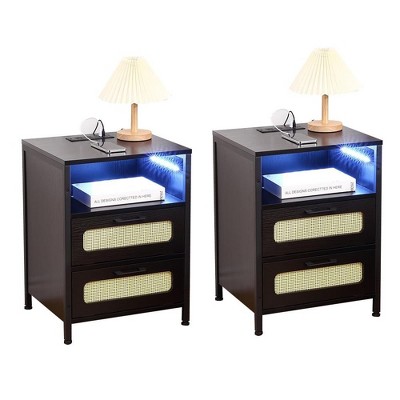 Homhougo Nightstand Set of 2 with Charging Station and LED Light Black