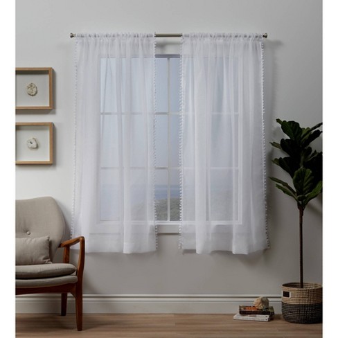 54 X63 Pom Pom Embroidered Rod Pocket Sheer Window Curtain Panels