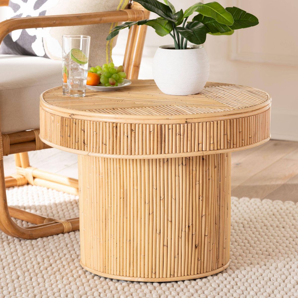 bali & pari Iryna Natural Rattan End Table Light honey: 17.7" High, No Assembly, Round Plywood Frame - thumbnail 2