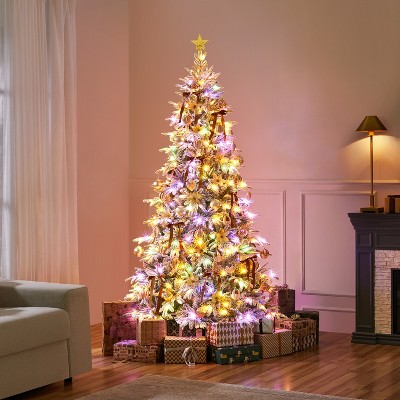 Yaheetech 4.5Ft/6Ft/7.5Ft Pre-Lit Snow Flocked Christmas Tree with Multicolor LED Lights