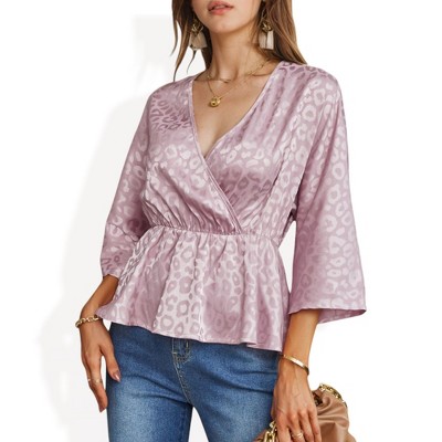 Anna-Kaci Women's Satin Wrap Peplum Top with Leopard Jacquard