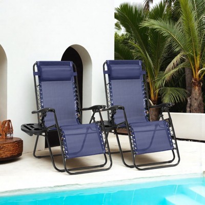 FURNIinspire Outdoor Portable Chairs Lounge Chairs Patio Folding Recliners For Pool Beach Garden With Pillow And Cup Holder, Blue, 62.8"*24.22"*43.3"