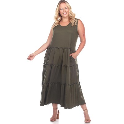 Women's Plus Size Scoop Neck Tiered Midi Dress Green 2x - White Mark ...