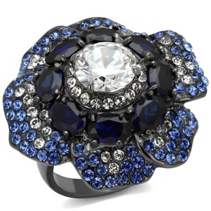 Slickblue Floral CZ Ring for Women – Blue Petal Design with 8mm Clear Center Stone – IP Light Black Finish – 5 to 10 - 1 of 4
