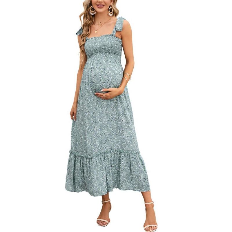 Smocked Maternity Boho Summer Dress Casual Spaghetti Strap Ruffle Sleeveless Swing Maxi Dress Baby Shower Photoshoot Green Floral L, 1 of 8