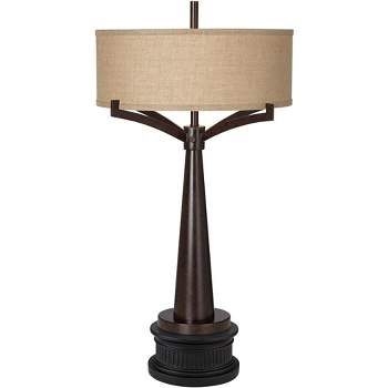 Franklin Iron Works Tremont Industrial Table Lamp with Black Round Riser 35 3/4" Tall Bronze Metal Burlap Fabric Drum Shade for Bedroom Living Room