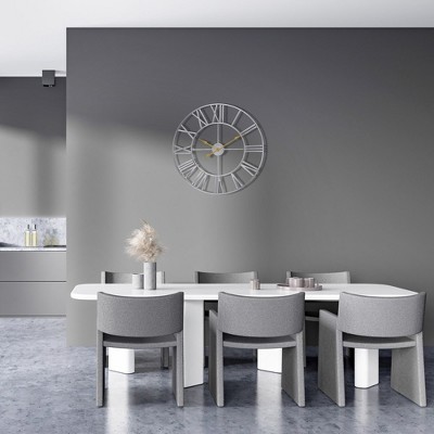 Oversized Silver Metal Roman Numeral Wall Clock