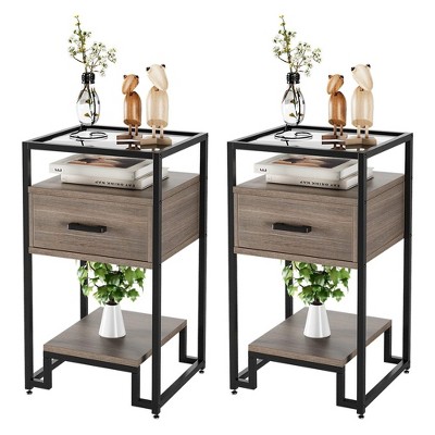 Whizmax Nightstand Set of 2, Mid Century Modern End Table with 3-Tier Storage & Tempered Glass Top and Storage Drawer for Bedroom, Live Room