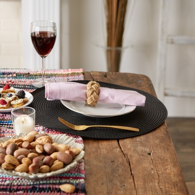 Black Woven Round Plastic Placemats Set of 6, 15"