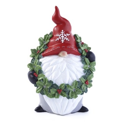 Lakeside Lighted Ceramic Color Changing Christmas Gnome with Wreath Accent