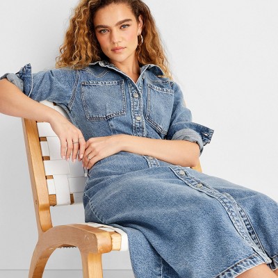 Women's Long Sleeve Denim Midi Dress - Future Collective | eBay