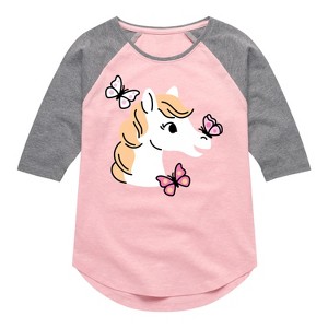 Girls' - Instant Message - Horse Butterfly Shirt Tail Raglan Graphic T-shirt - 1 of 4