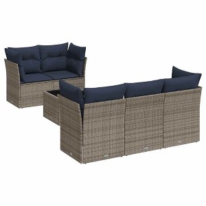 vidaXL 6 Piece Patio Sofa Set with Cushions Gray and Navy Blue Poly Rattan - 1 of 4