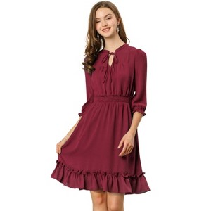 Allegra K Women's Solid Ruffle Hem 3/4 Sleeve A-Line Smocked Short Chiffon Dress - 1 of 4