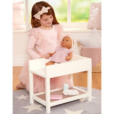 White and Beige Wooden Doll Changing Table with Accessories Set
