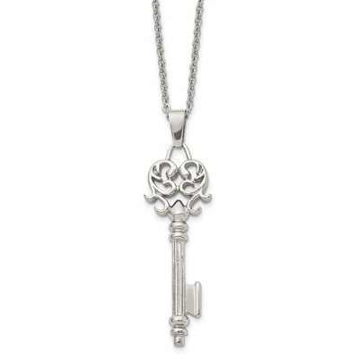 Black Bow Jewelry Stainless Steel Scroll Key Pendant Necklace - 22 Inch