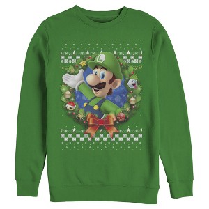 Men's Nintendo Christmas Luigi Wreath Sweatshirt - 1 of 3