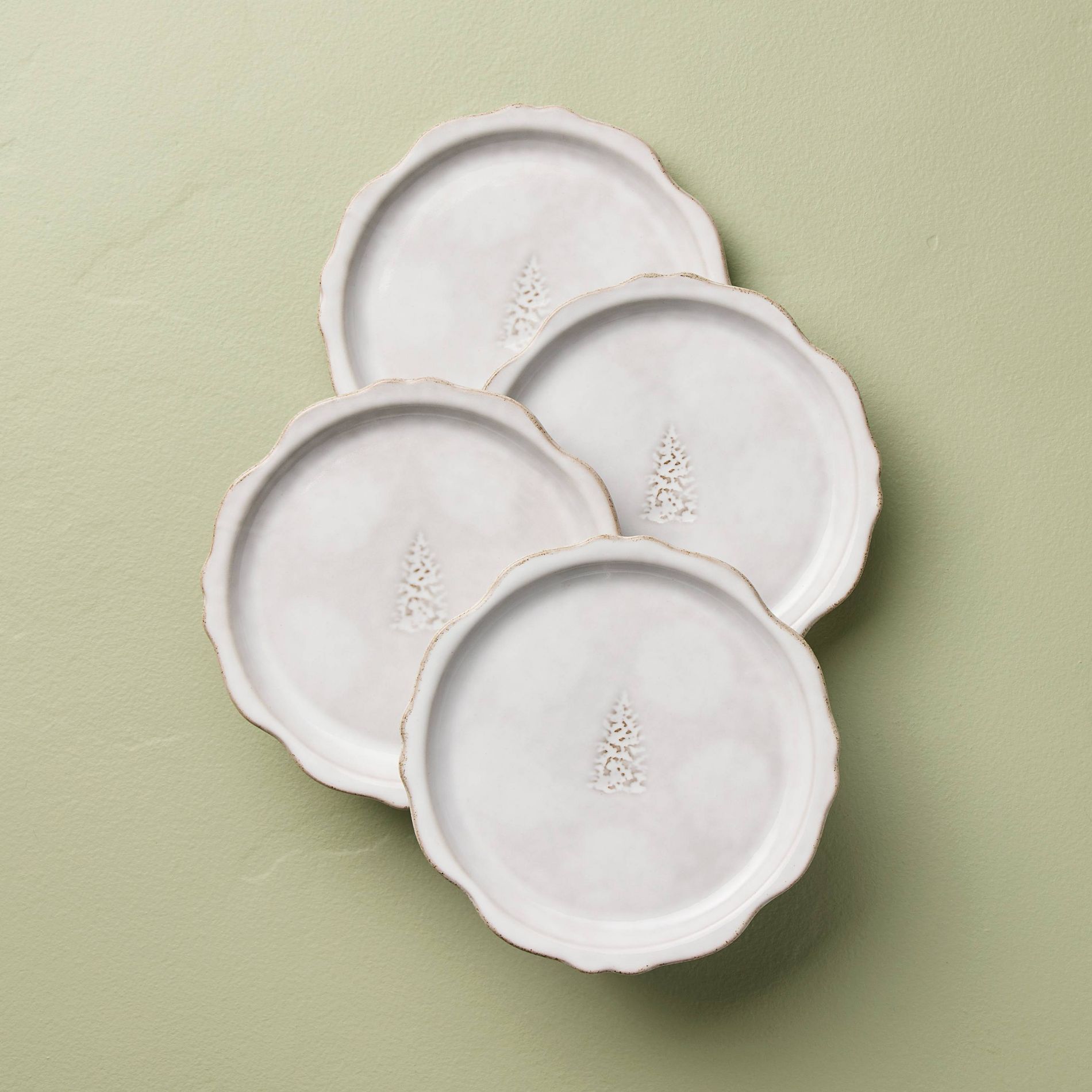Set of 4 7" Stoneware Carved Ribbed Edge Appetizer Plate Tree Icon Sour Cream - Hearth & Hand™ with Magnolia