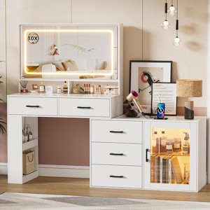PAKASEPT 5 Drawer Dresser with Extendable Table, L-Shaped Makeup Vanity Desk with Mirror and Lights & Charging Station, Shelves, LED Storage Cabinet - 1 of 4