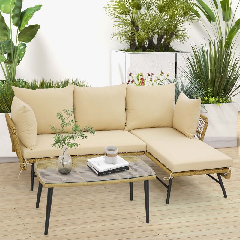 Costway 3 PCS L-Shaped Patio Sofa Set Conversation Furniture with Cushions Deck Garden Black/Beige, 2 of 11