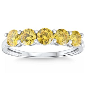 Pompeii3 1Ct Fancy Yellow Diamond Five Stone Wedding Ring 14k Gold Lab Created - 1 of 4