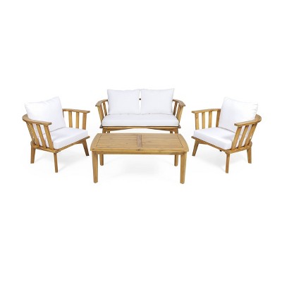 Solano 4pc Outdoor Wooden Chat Set with Rectangular Coffee Table - White/Teak - Christopher Knight Home