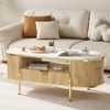 Modern Grooved Coffee Table, 48 Inch Oval Coffee Table with Drawers, Imitation Marble Tabletop, Metal Trim, Natural Oak Center Table for Living Room - 2 of 4