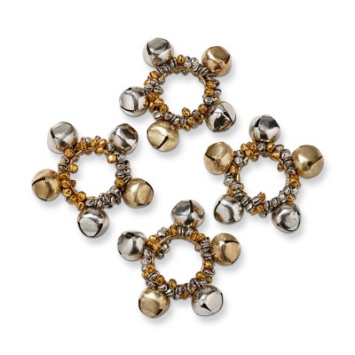 tag Gold and Silver Jingle Bell Napkin Ring Set Of 4, 4 inch