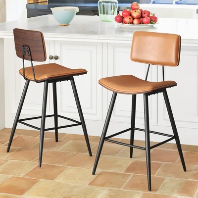 Arceso Bentwood Counter Height Bar Stool Set of 2, PU Leather Upholstered Barstools with Back, 24.5 Inch