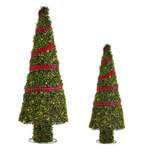 NOMA Pre Lit Incandescent Light Up Winter Green Garden Cone Trees Outdoor Decorations with Red Ribbon Details and Yard Stakes, Set of 2