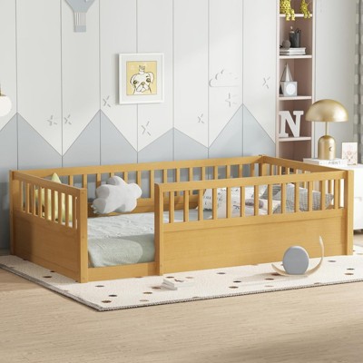 ALEXOUN Floor Bed with Fence & Door - Kids Bed Montessori Frame - Easy Assembly, No Spring Box Needed - for Playroom Bedroom