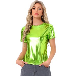 Allegra K Women's Party Metallic Short Sleeve Textured Shiny T-shirts - 1 of 4