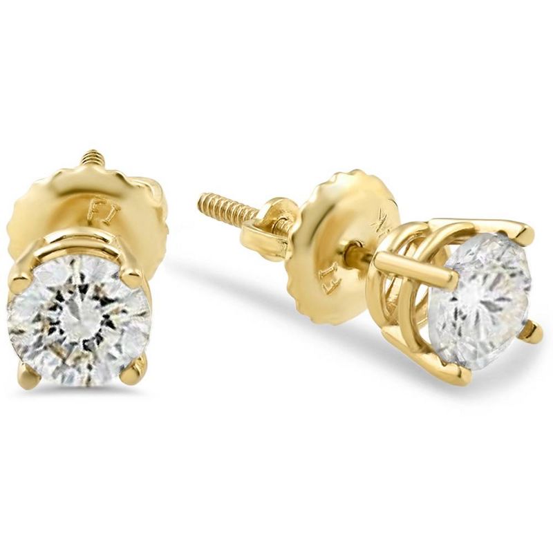 Pompeii3 1/2ct Diamond Stud Earrings Solid 14K Yellow or White Gold Screw Back, 1 of 5