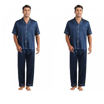 INSPIRE CHIC Men's 2 Pack Button Down Short Sleeve Satin Pajamas Sets