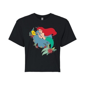 Women's - Disney Princess - Ariel With Flowers Cropped Graphic T-Shirt - 1 of 4