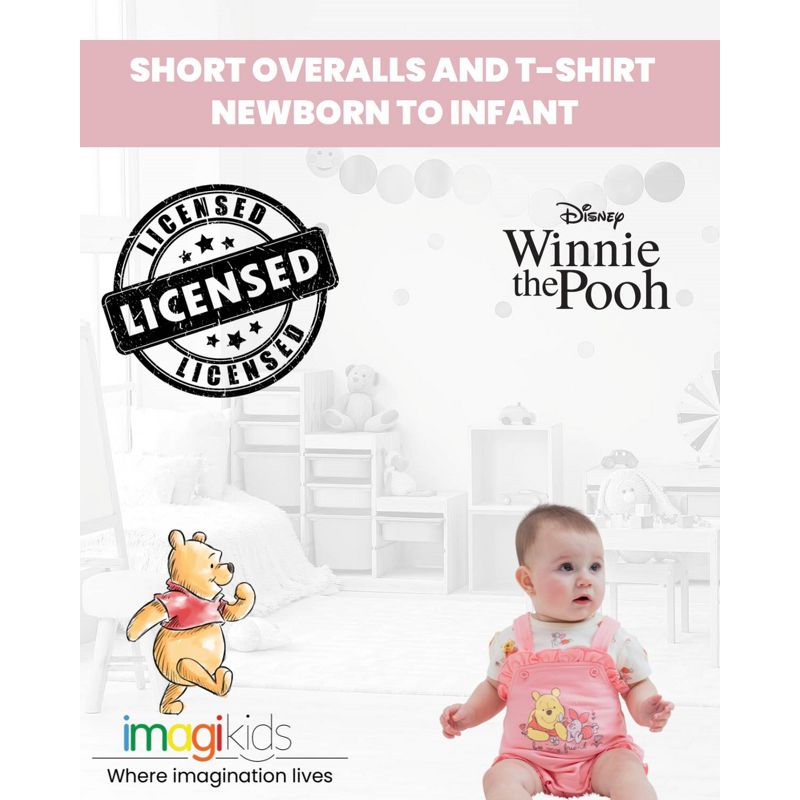 Disney Winnie the Pooh Minnie Mouse Piglet Baby Girls French Terry Short Overalls and T-Shirt Newborn to Infant, 2 of 9