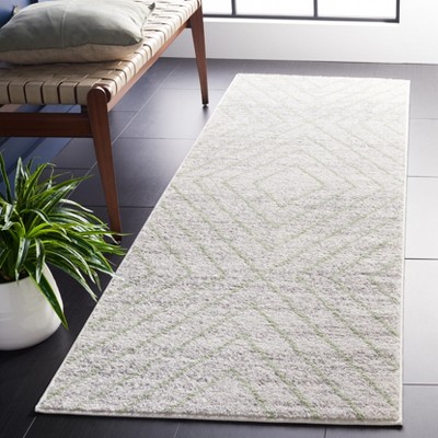 Grey and Green Geometric Synthetic Runner Rug