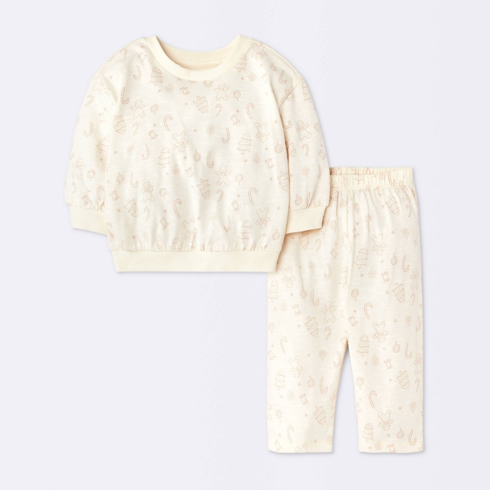 Baby 2pc Holiday Icons Slub Jersey Long Sleeve and Pants Set - Cloud Island™ Cream 6-9M