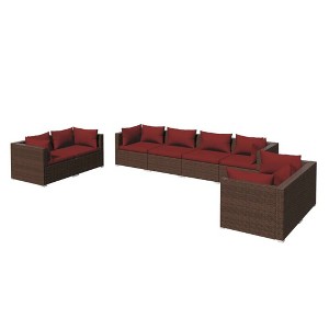 vidaXL Patio Lounge Set Outdoor Sectional Sofa Set Table Garden Poly Rattan - Brown and Cinnamon Red 6x Corner 2x Middle - 1 of 4