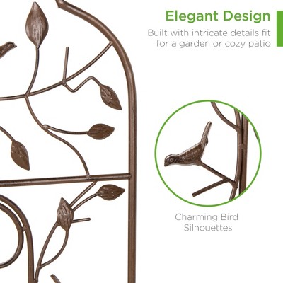 Bronze Iron Arched Garden Trellis with Bird and Branch Design