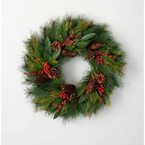 Artificial Rustic Pine & Berry Wreath Multicolor 24"H - 1 of 4