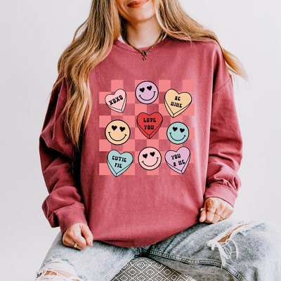 Simply Sage Market Women's Lightweight Garment Dyed Graphic Sweatshirt Candy Heart Smile Solid