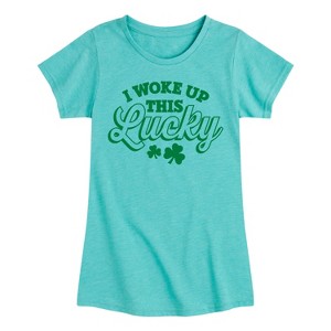 Girls' - Instant Message - St. Patrick's Day I Woke Up This Lucky Fitted Short Sleeve Graphic T-Shirt - 1 of 4