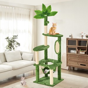 Modern Multicoloured 600 GSM Soft Plush Cat Tree Pet Tower with Fake Real Leaves,Natural Sisal Material and Cute Cat Shape Platform - 1 of 4